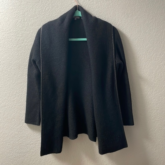 Vince Wool/Yak/Alpaca Leather Trim Open Front Sweater - Picture 2 of 6